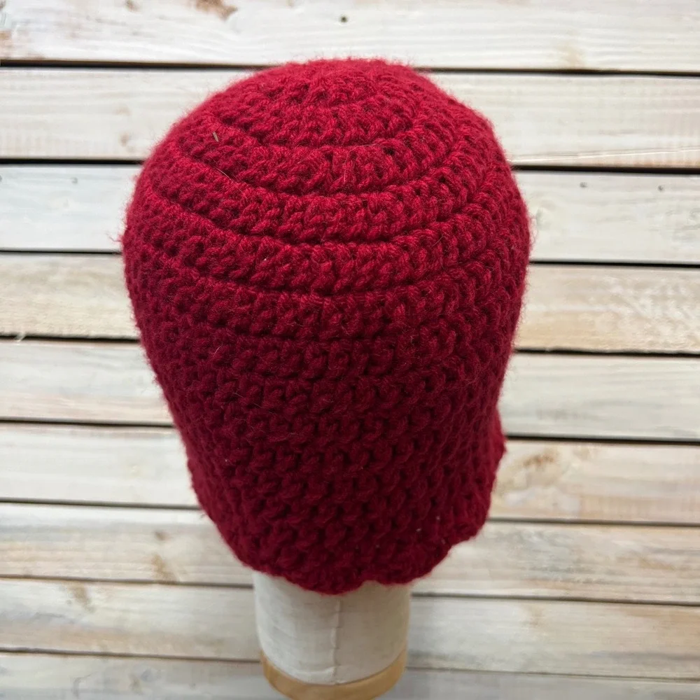 Vintage Red Crochet Cloche Hat Wool Blend Button Rosette Flapper 1920s Style OS